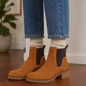 Avellini Suede Chelsea Boots Cognac Tan Chunky Heel Size 37 6.5